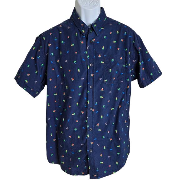 Eighth Avenue Mens Tropical Print Shirt XL Blue 100% Cotton Pineapple Palm Trees - Picture 1 of 8